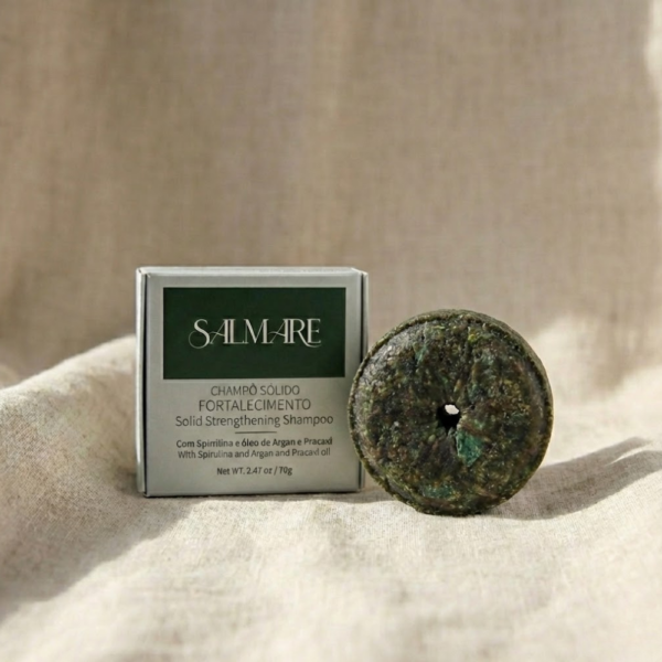 Champô Sólido Fortalecimento Salmare com Spirulina e Argan para cabelo fraco e quebradiço