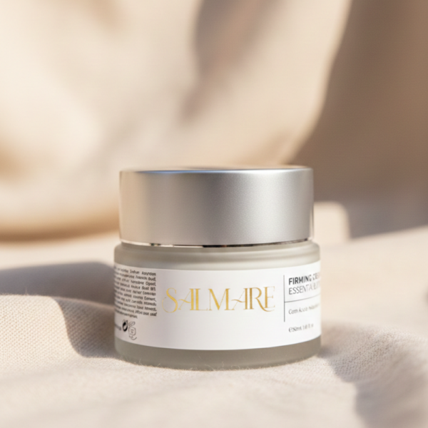 Boião de vidro fosco do Creme Firmante Salmare Firming Cream com tampa prateada, pousado sobre tecido de linho bege natural.