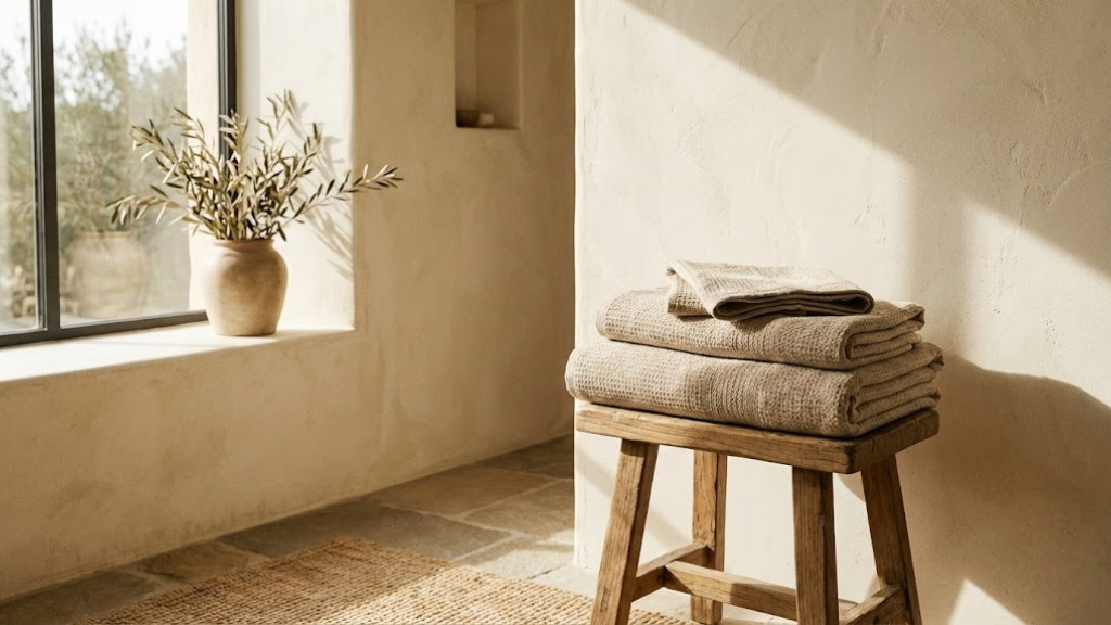 Ambiente de spa minimalista e ensolarado, incluindo toalhas de linho e ramos de oliveira numa jarra.